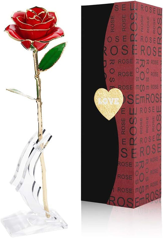 Gifts for Mom  24K Gold Rose Mothers Day, Artificial Flowers Red Rose Flowers Artificial for Decoration, Long Stem with Transparent Stand, Golden Rose Girlfriend Gift